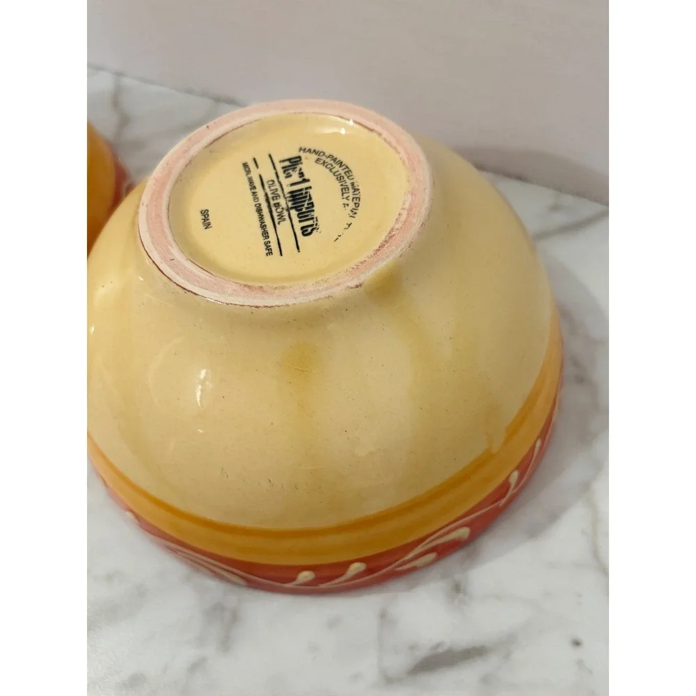 Pier 1 Imports Hand Painted Ceramic Olive Bowls Spain Set of 2 Yellow Red 5.5in